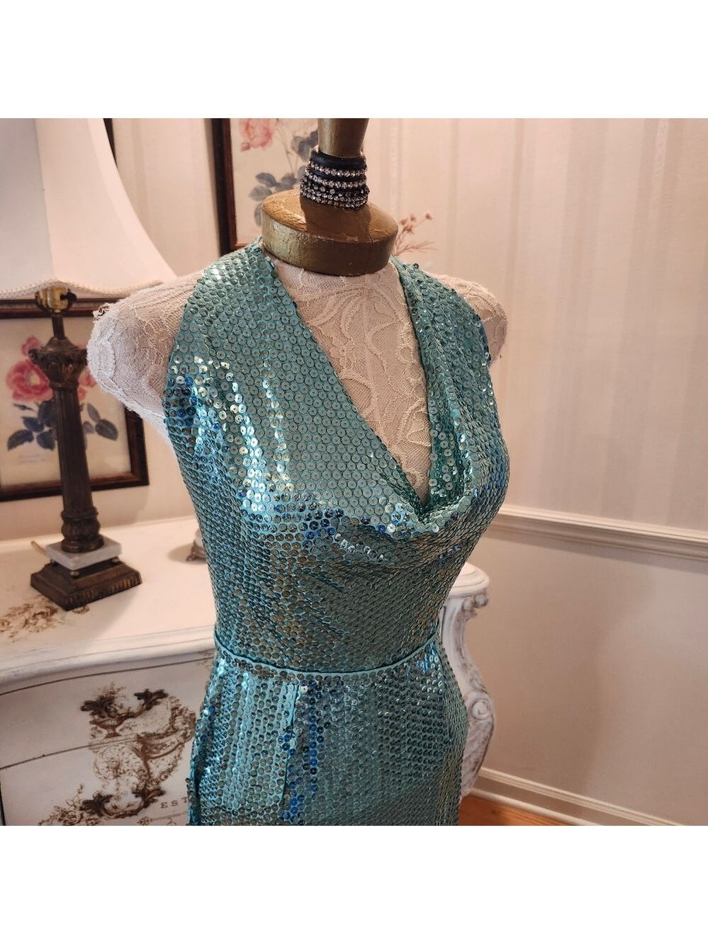 Vintage Lillie Rubin Liquid Sequin Seafoam Green Evening Dress Gown 8 - Picture 2 of 12